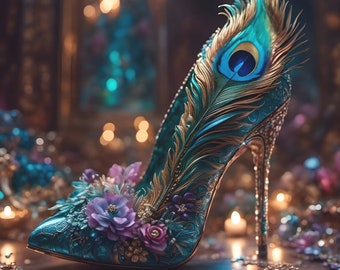 Art print on paper, high heel adorned with peacock feathers, gorgeous stiletto