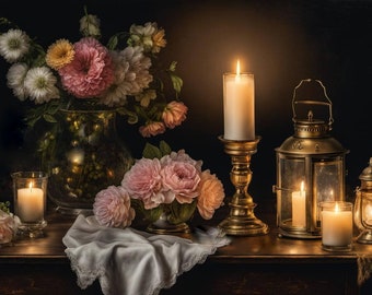 Art print on canvas, candle light still life, candles with old fashionsd flowers