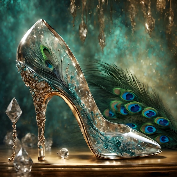 Art print on canvas, high heel wall art, beautiful glass stiletto, fancy high heel, fantasy shoe with peacock feathers