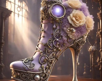 Art print on paper, steampunk lavender high heel stiletto boot