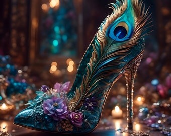 Art print on canvas, high heel wall art, blue stiletto, gorgeous fantasy shoe, peacock feathers
