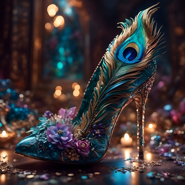 Art print on canvas, high heel wall art, blue stiletto, gorgeous fantasy shoe, peacock feathers