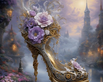 Art print on canvas, high heel wall art, fancy steampunk stiletto, fantasy high heel with flowers