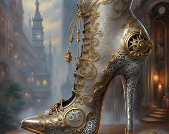 Art print on canvas, high heel wall art, fabulous steampunk ankle boot