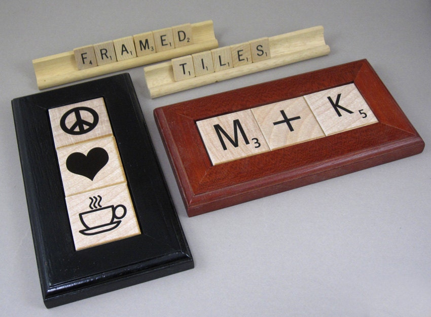 Three 2 inch Custom Ceramic Scrabble Tiles in wood frame. Etsy