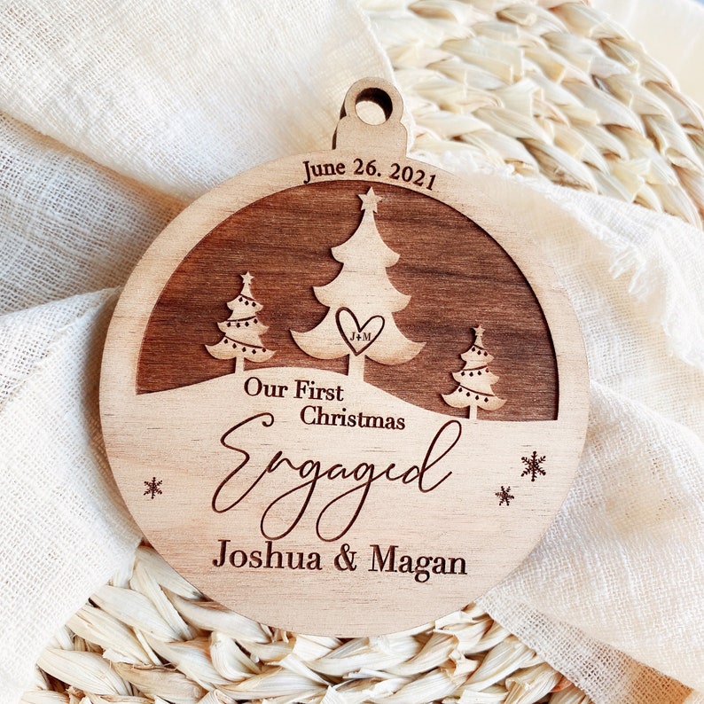 Personalized Our First Christmas Engaged Ornament - 2021 Engagement Ornament - Gift For Couple - Engagement Gift - Wood Engaged Ornament 