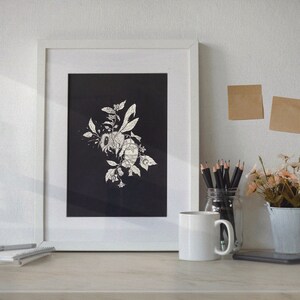 Honeybee & Belladonna Art Print Wall Art Kitchen/Home Decor Gift Ideas Bee, Insect, Nature Art Ink Drawing image 1