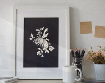 Honeybee & Belladonna Art Print - Wall Art - Kitchen/Home Decor - Gift Ideas - Bee, Insect, Nature Art - Ink Drawing