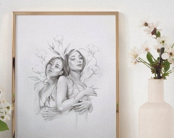 And There Were Lilies Art Print - Wall Art - Kitchen/Home Decor - Gift Ideas - Aesthetic Art - Surreal Art - Feminine Art - Pencil Drawing