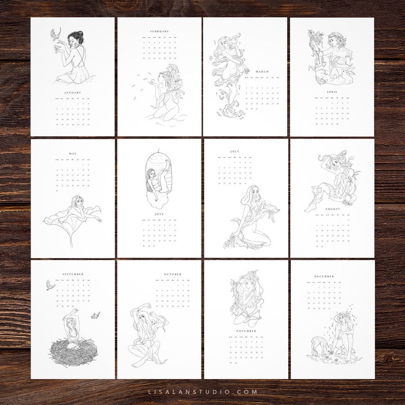 2021 Printable Calendar Digital Download Ink Drawing, Illustrated, Mystical, Minimalist, Botanical style image 3