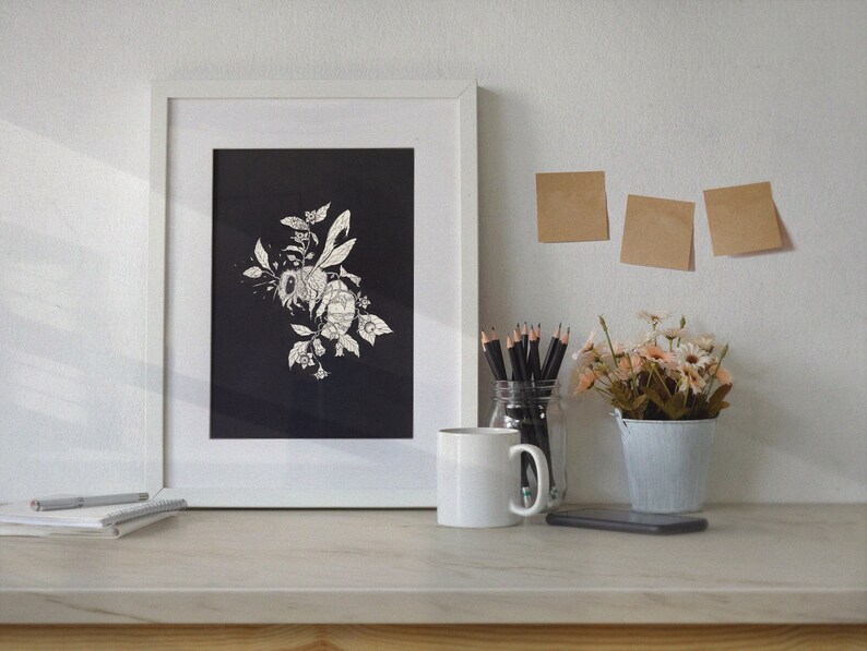 Honeybee & Belladonna Art Print Wall Art Kitchen/Home Decor Gift Ideas Bee, Insect, Nature Art Ink Drawing image 1
