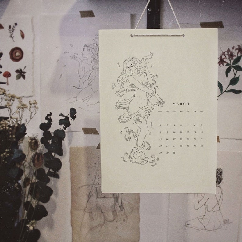 2021 Printable Calendar Digital Download Ink Drawing, Illustrated, Mystical, Minimalist, Botanical style image 4