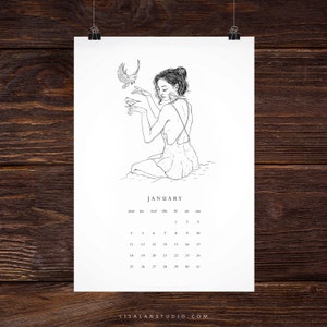 2021 Printable Calendar Digital Download Ink Drawing, Illustrated, Mystical, Minimalist, Botanical style image 2