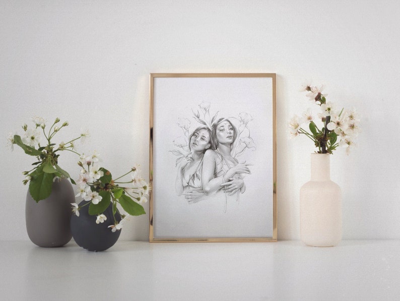 And There Were Lilies Art Print Wall Art Kitchen/Home Decor Gift Ideas Aesthetic Art Surreal Art Feminine Art Pencil Drawing image 1