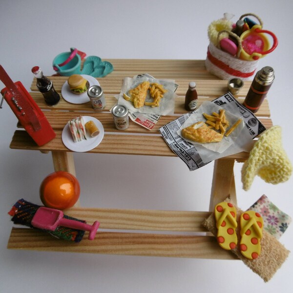 New 12th scale picnic table at the beach -  loaded with fish and chips, a burger and more