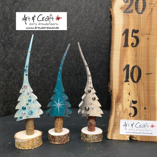 turquoise joy tree set 3tlg, hand-painted Christmas tree glittering refined from wood, with pearl white and pearl grey metallic