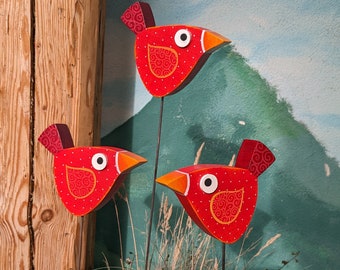 Bird on rod red/dark red with squiggles and dots, hand-painted ash wood as plant plug for decoration in house and garden 100