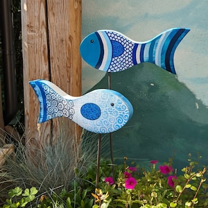 Grote vissen, blauw/witte maritieme unicaten, unicaten van sparrenhout, pluggen voor huis en tuin, cadeau-idee van Freudenbaum