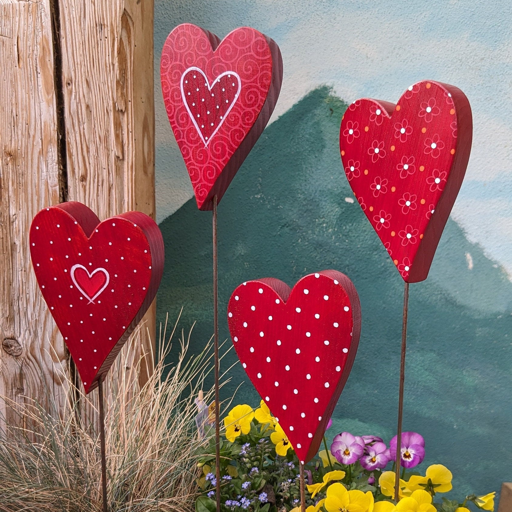dark red wooden hearts hand-painted, Canada series, a colorful joy for home and garden, garden stakes and plant stakes