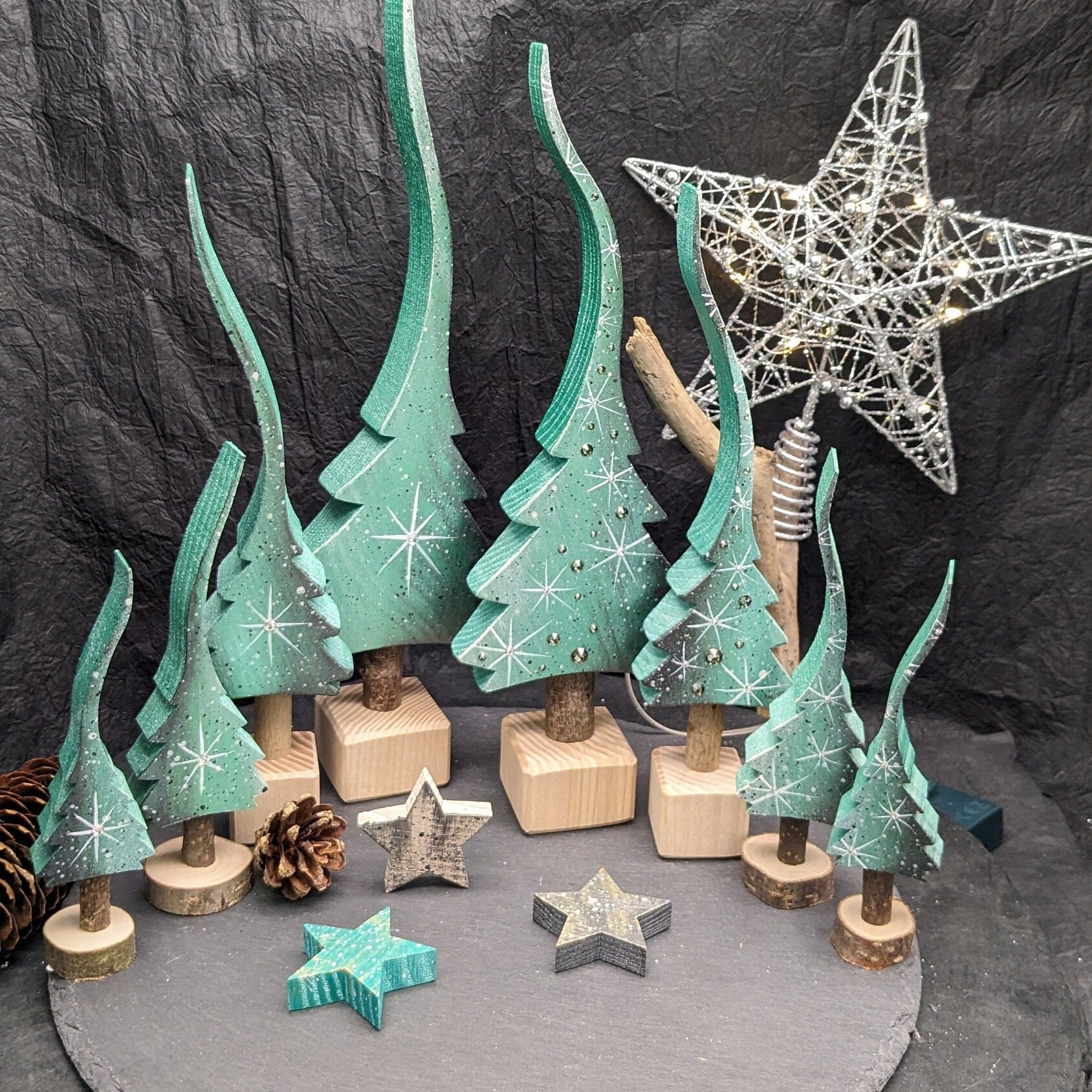 SALE Ocean Green Joy Tree, with star and star gradient, a glittering fir tree, hand-painted Christmas tree, made of wood in 4 sizes