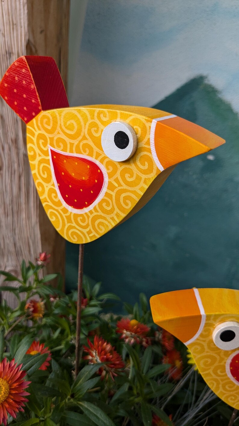 Bird Yellow/red With Curls, Handpainted Ash Wood, Plant Plug for