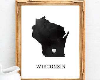 WISCONSIN in My Heart | State Art Print USA Watercolor Wall Art | Personalize