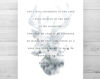 Wall Art Print | Habbakuk 3 16 | Watercolor Deer | Winter Wall Art Holiday Art Print Christian Verse Gift for Her Gift for Him