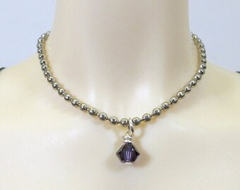 BJD Necklace - 1/4, 1/3 size - Purple Velvet Swarovski and Antique Silver Ball Chain