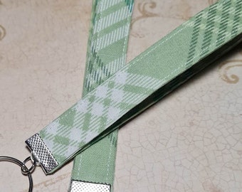 Wristlet Key Fob - Fabric - Light Green Plaid Stripes