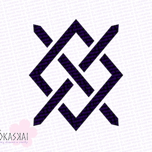 May include: A black and white geometric design with a square shape and a repeating pattern of interlocking lines. The design is symmetrical and has a sharp, angular look.