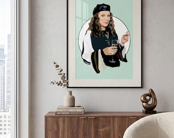May include: Framed art print featuring a stylized portrait of a person holding a champagne glass and a cigarette. The person is wearing a black beret and a dark jacket with white and green accents. The artwork is set against a light green background.