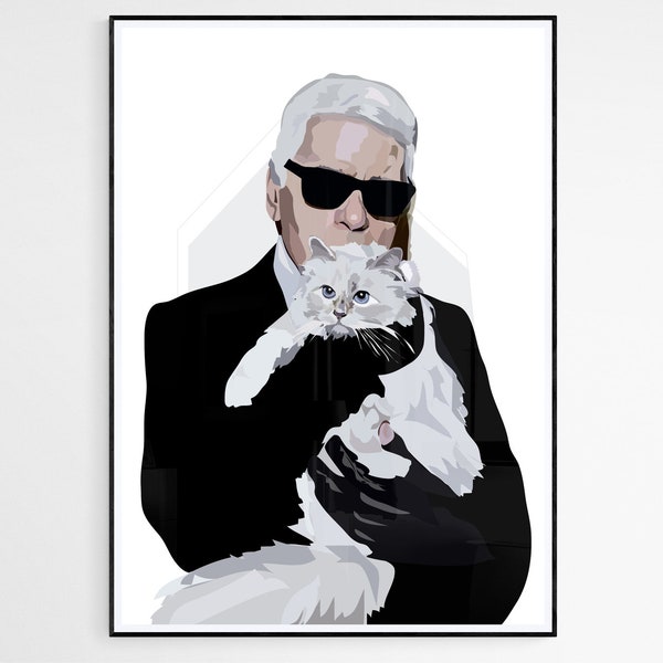 Karl Lagerfeld with Fluffy Cat - Art Print - Fashion Print - Icon Art