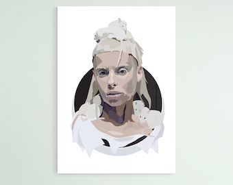 May include: A graphic print of a person with light hair and skin, decorated with white mice. The person is set against a black circular background, wearing a white top. The artwork has a minimalist style, with a focus on shapes and colours.