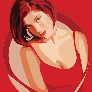 Puede incluir: Una mujer con el pelo rojo lleva un top rojo sin mangas. Está mirando a la cámara con una leve sonrisa.