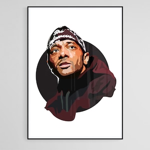 May include: A framed art print featuring a stylized portrait of a man. He wears a bandana with the text "The Famous" and a burgundy jacket. The portrait is set against a black circular background.