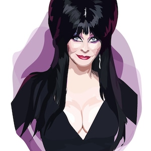 Puede incluir: Una ilustración digital de una mujer con el pelo largo y negro peinado en un bouffant, vistiendo un vestido negro con un escote pronunciado. Tiene ojos oscuros y labios rojos, y está sonriendo.