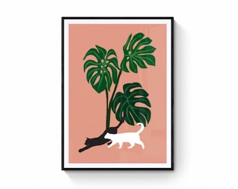 Black and White Cats - Art Print - Plants - Animal - Minimal