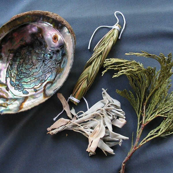 smudge kit, abalone shell, cedar, white sage, sweet grass, smudge tools, cleansing, metaphysical, clearing tools