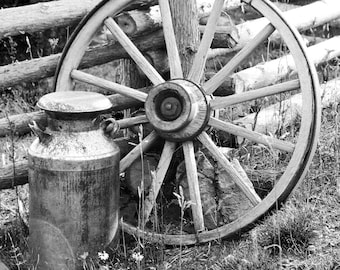 Wagon Wheel and Milk Can photo print, black and white photography, old vintage rustic wall art, country decor 8x10 11x14 12x18 16x20 20x30