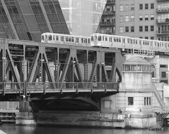 Chicago L Train picture, Two Chicago CTA Trains crossing a Bridge, large Chicago art print, elevated El wall art, 5x7 11x14 24x36 32x48"