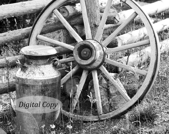 Wagon Wheel picture, INSTANT DOWNLOAD digital copy, printable black and white art, country photo print, old rustic wall decor 5x7 to 12x18"