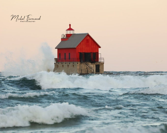 Red Lighthouse Stormy Sunrise, Grand Haven picture, nautical photo print, Michigan wall art, lake photography, paper, canvas, 5x7 to 32x48"