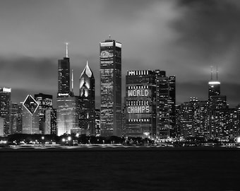 Chicago Cubs skyline picture, black and white art photography, World Series champions photo print, paper or canvas wall decor 5x7 to 30x45"