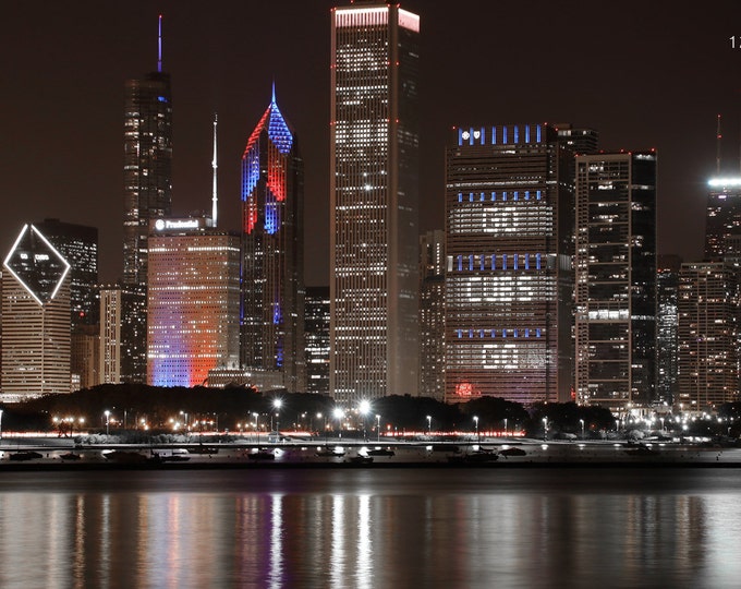 Chicago Cubs Skyline photo print, Chicago downtown picture red and blue city art, large canvas photography wall decor 5x7 12x12 16x24 30x45