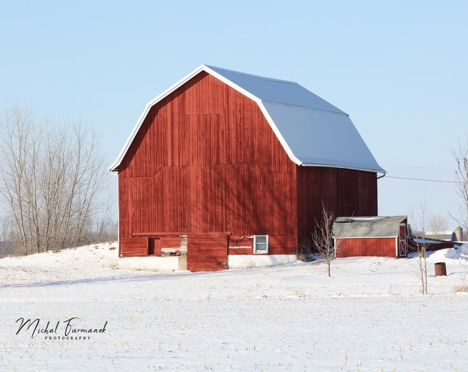 Red Barn in snow photo print, winter barn picture, countryside photography, rustic art, large paper or canvas wall decor, 5x7 8x10 to 32x48"