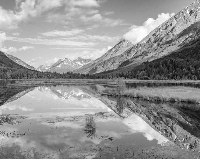 Mountain Reflections in black and white, Alaska print, mountains photo, Alaska wall art, large decor, paper or canvas picture, 5x7 to 40x60"