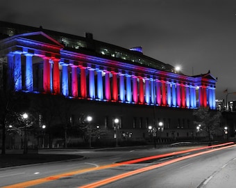 Soldier Field photo print, Chicago Bears, red and blue art photography, large picture, paper or canvas wall decor 5x7 8x10 16x24 24x36 30x45