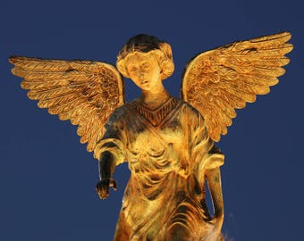 Angel statue photo print, golden and blue art, Lake Geneva wall decor, Wisconsin photography, paper or canvas picture, 5x7 to 32x48 inches
