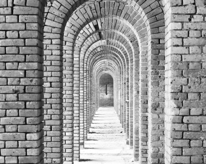 VERTICAL Arches print, black and white photography, vanishing point brick pattern, old Fort Jefferson, large Florida wall art, 5x7 to 40x60"