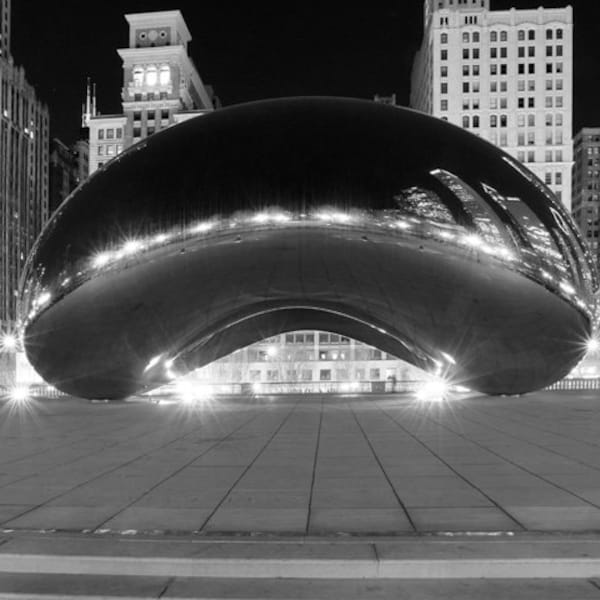 Chicago Bean print, black and white Chicago wall art, Chicago photography at night, large Chicago picture, canvas, 5x7 8x10 11x14 to 32x48